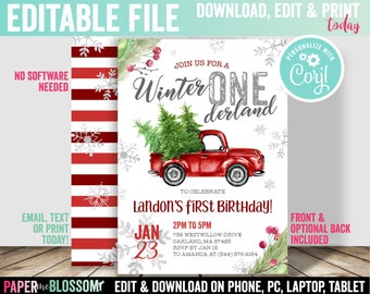 May include: Editable printable invitation for a winter-themed first birthday party. The invitation features a red truck with a Christmas tree in the back, snowflakes, and the text "Join us for a Winter One-derland to celebrate Landon's First Birthday!"  The date is January 23rd.