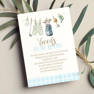 Livres de baby shower modifiables A Little Putter is on the Way pour bébé - Carte de bibliothèque de baby shower de golf Séparons-nous au format PDF 3,5 x 5