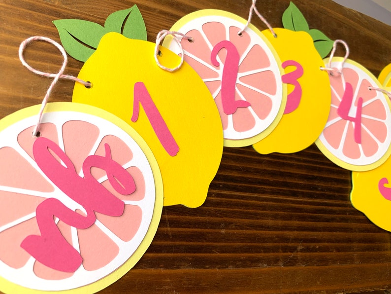 May include: A lemon-themed party banner with pink and yellow paper cutouts. The banner features the numbers one through four in pink, with each number attached to a yellow lemon slice and a pink grapefruit slice.