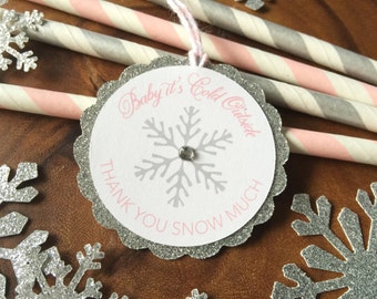 12 PINK Baby it's Cold Outside Sparkle Silver Glitter Snowflake - Winter Wonderland Baby GIRL Shower / Winter Onederland Birthday Favor Tag