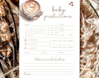 Editable A Baby is Brewing Coffee Baby Shower Game Card - Gender Neutral Cafe Bebe Gingham Baby Predictions & Wish Advice Card PDF 5x7