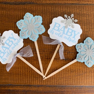 12 Blue Baby It's Cold Outside Baby Shower Cupcake Toppers - Snowflake Baby Boy Shower - Winter Wonderland Baby Shower Cupcake Toppers