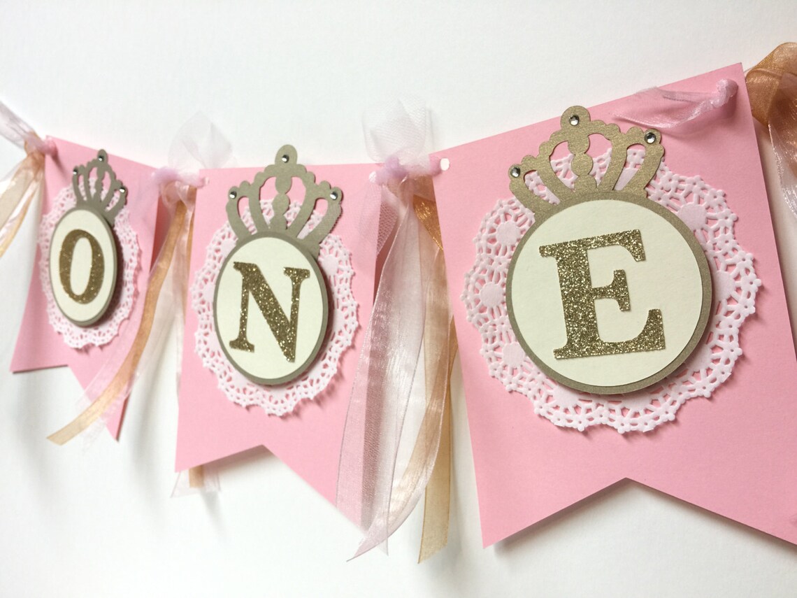 Pink and Gold Glitter Custom Crown Princess Birthday Banner | Etsy