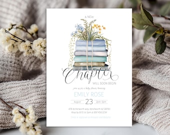 Invitación editable para baby shower de niño con el lema "Pronto comenzará un nuevo capítulo" - Baby shower de cuento de hadas - Invitación para baby shower de libro de biblioteca 5x7 PDF