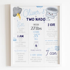 Könnte beinhalten: Gerahmter Druck mit weißem Rand, in hellblauen und grauen Farbtönen. Der Druck enthält den Text "Oliver ist ein TWO NADO" und Details über das Kind, wie Gewicht, Größe und Lieblingsdinge.