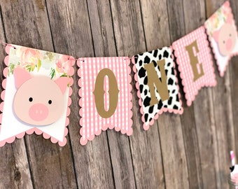 Pink Pig Girl Farm High Chair/ Happy Birthday Banner - Piggy Floral Birthday Banner - Girl Barnyard Birthday High Chair Banner