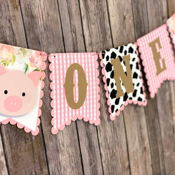 Pink Pig Girl Farm High Chair/ Happy Birthday Banner - Piggy Floral Birthday Banner - Girl Barnyard Birthday High Chair Banner