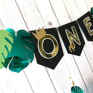 Wild One Wild Animal Tropical Leaves High Chair Birthday Banner - Wild Animal Banner - Tropical Green Leaf Banner - Lion Giraffe elephant
