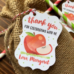 12 Apple Picking CUSTOM Birthday favor tags - The Apple of our eye Party Gift Tags - Custom Name and Message - Bushel of Fun image 1