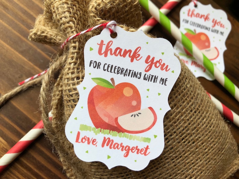 12 Apple Picking CUSTOM Birthday favor tags - The Apple of our eye Party Gift Tags - Custom Name and Message - Bushel of Fun image 1