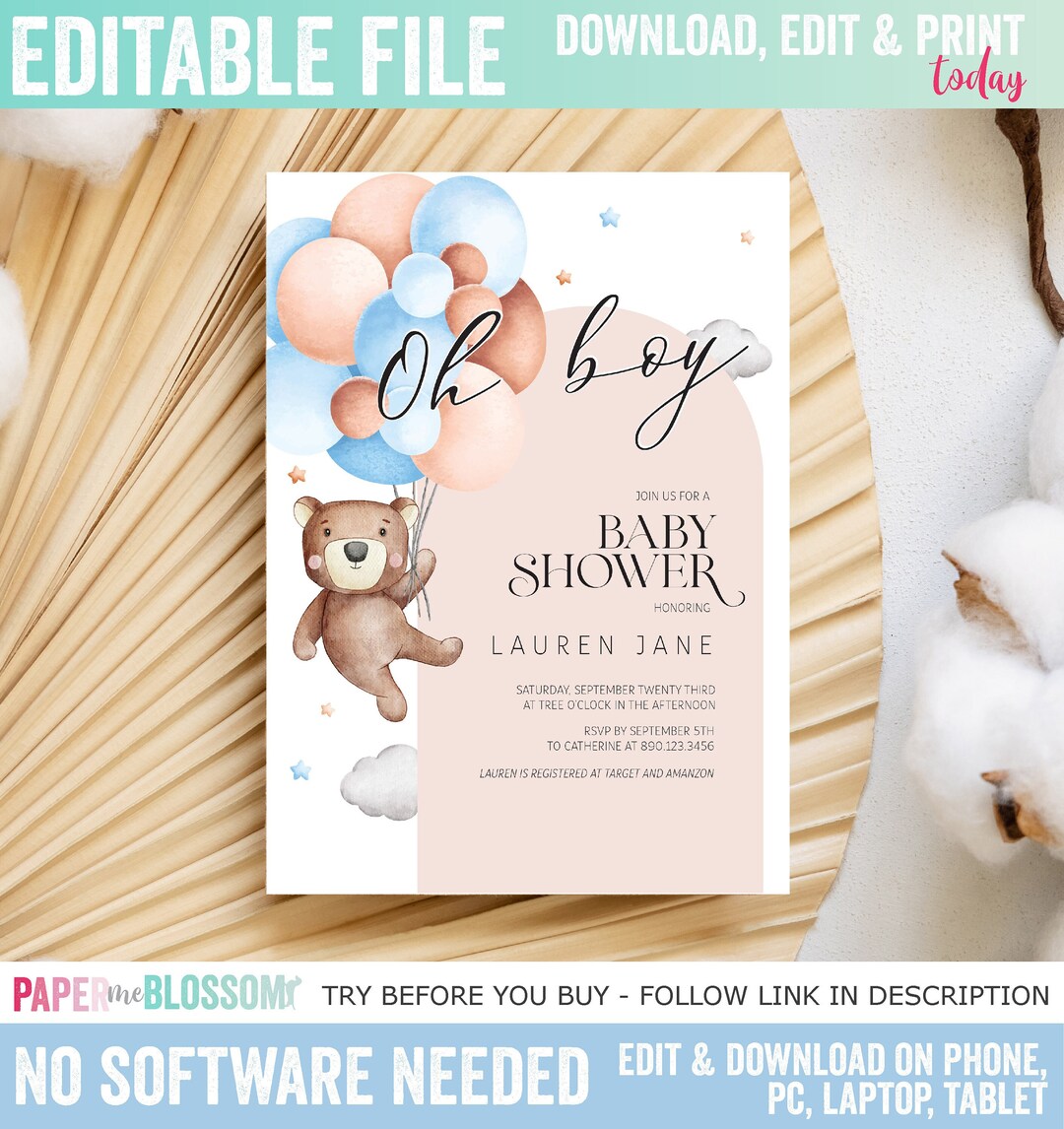 Editable Teddy Bear Balloon Baby Shower Invitation - We Can Bearly Wait ...