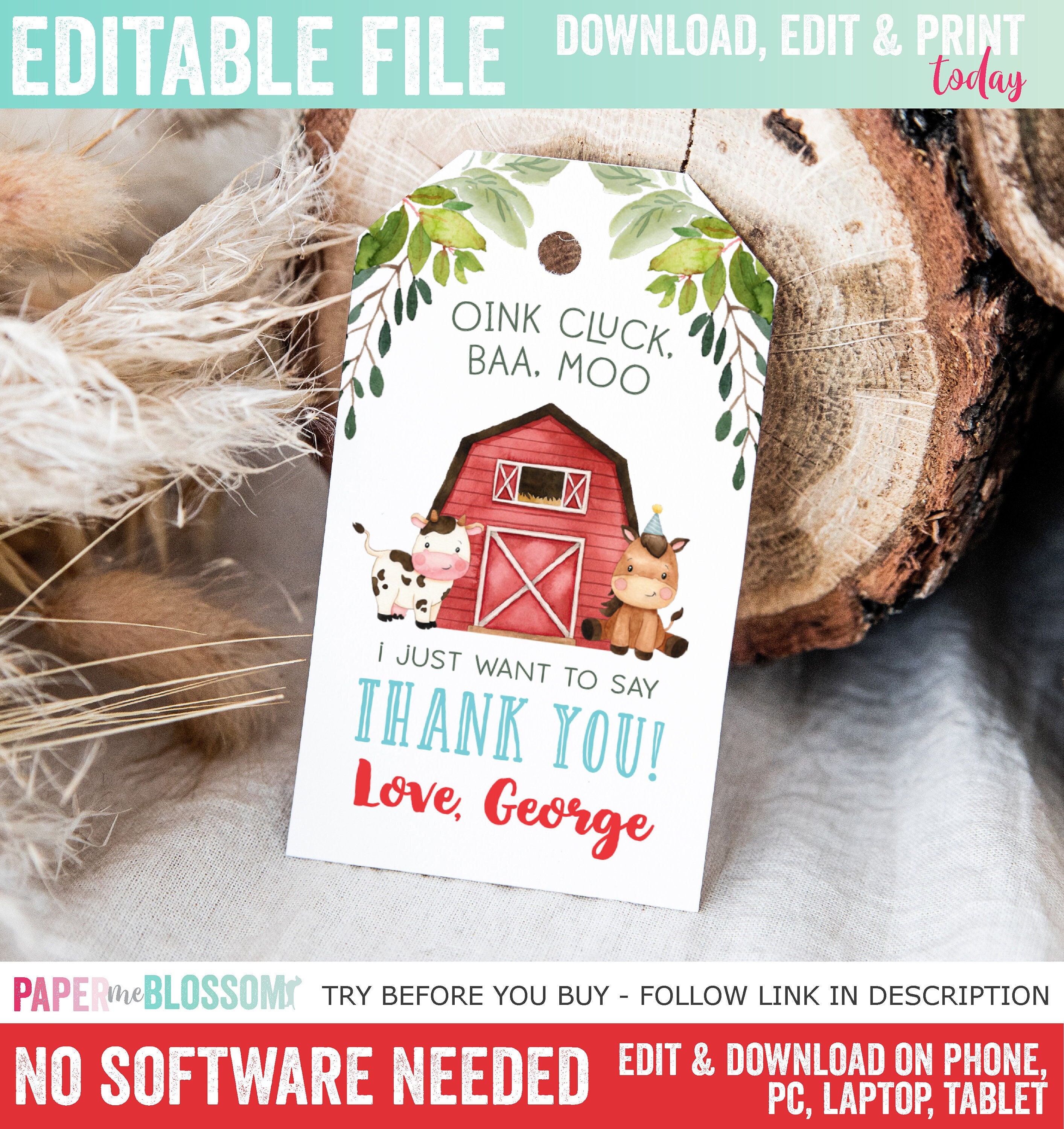 EDITABLE Farm Boy Birthday Editable Favor Thank You Gift Tag - Boy Red ...