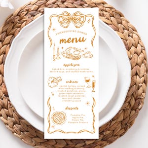 Redigerbar Thanksgiving-meny - Handritad Thanksgiving-middagsmeny - Orange Handritad Coquette Friendsgiving-meny 4x10
