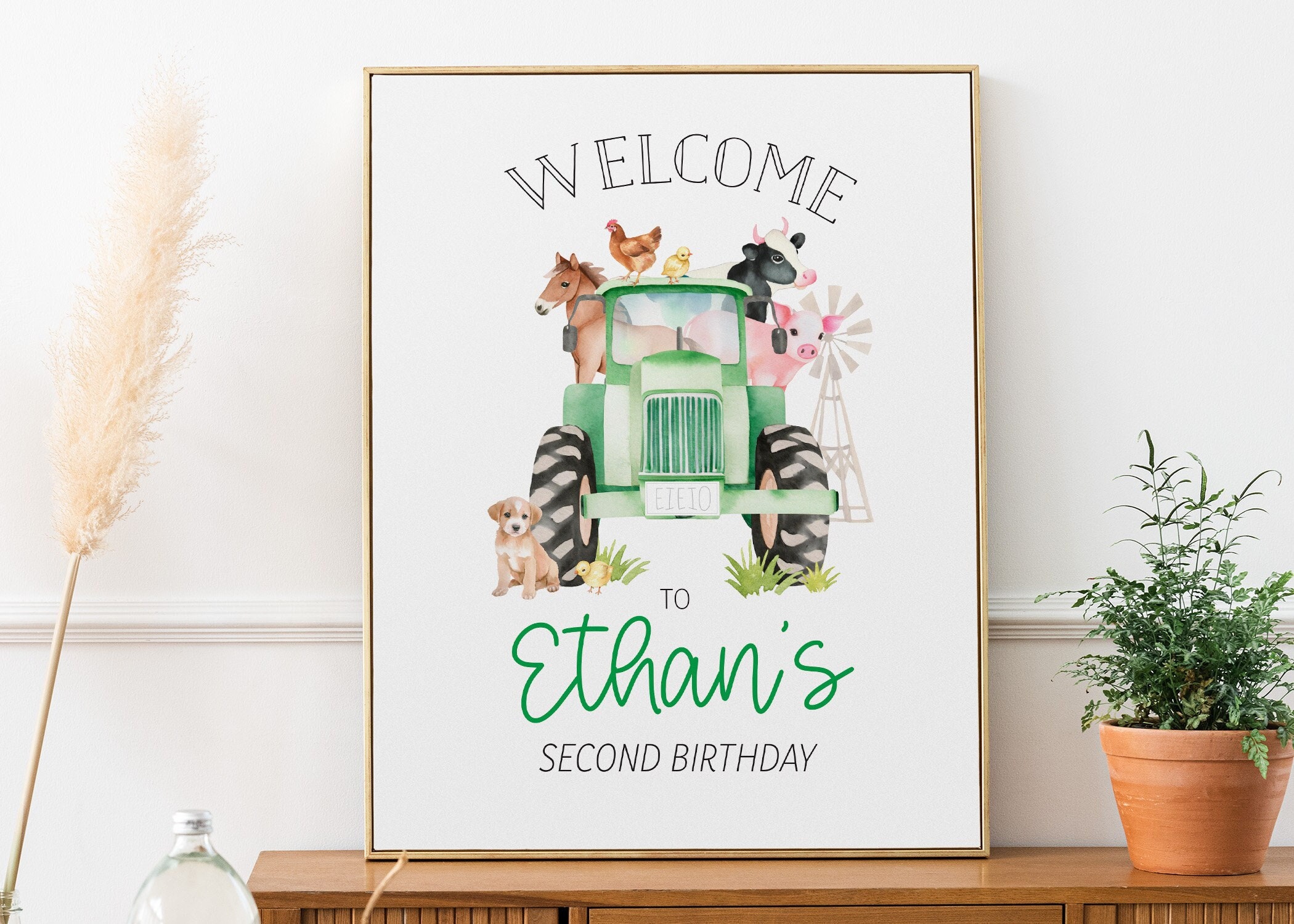 EDITABLE Farm Boy Birthday Green Farm Tractor Birthday Welcome Poster - Boy Green Farm Animals Welcome Sign Poster 16x20 PDF>_