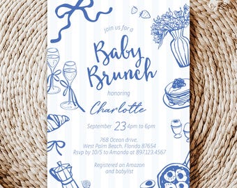 Może przedstawiać: Zaproszenie na baby brunch w niebiesko-białym wzorze. Zaproszenie zawiera ilustracje jedzenia i napojów, takich jak kieliszki do szampana, naleśniki i jajka. Tekst brzmi "Baby Brunch" i honoruje Charlotte.