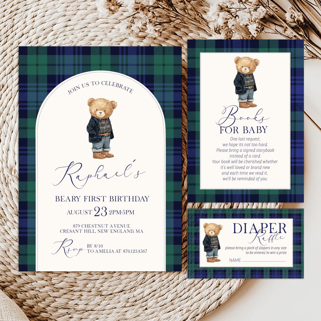 Editable Plaid Teddy Bear Polo Baby Shower Invitation Set - Luxury ...