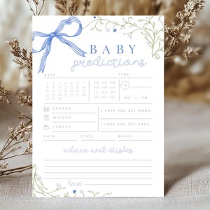 Bearbeitbare Babypartywunschkarten mit blauer Schleife - Wünsche für Babyblumenkarte - Blaue Schleifenjungen-Frühlingsparty-Vorhersagen-Duschkarte PDF 5x7