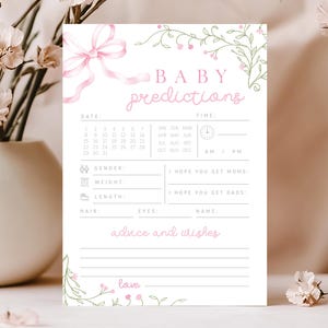 Bearbeitbare Mädchen Bogen-Babyparty-Wunschkarten - Wünsche für Baby Blumenkarte - Rosa Schleife Mädchen Frühlingsdusche Voraussagen der Duschkarte PDF 5x7