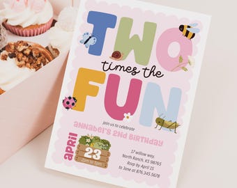 Editable Two Times the Fun Girl Birthday Invitation - Girl Second Bug Critter Birthday Invitation - Two Much Fun Girl Birthday Invite 5x7