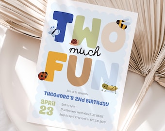 Editable Two Much Fun Boy Birthday Invitation - Boy Second Bug Critter Birthday Invitation - Two Much Fun Boy Birthday Invite 5x7