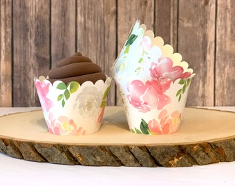 12 Pink Watercolor Floral Bridal shower / Baby Shower Cupcake wrappers - Pink Watercolor Floral Cupcake Sleeves