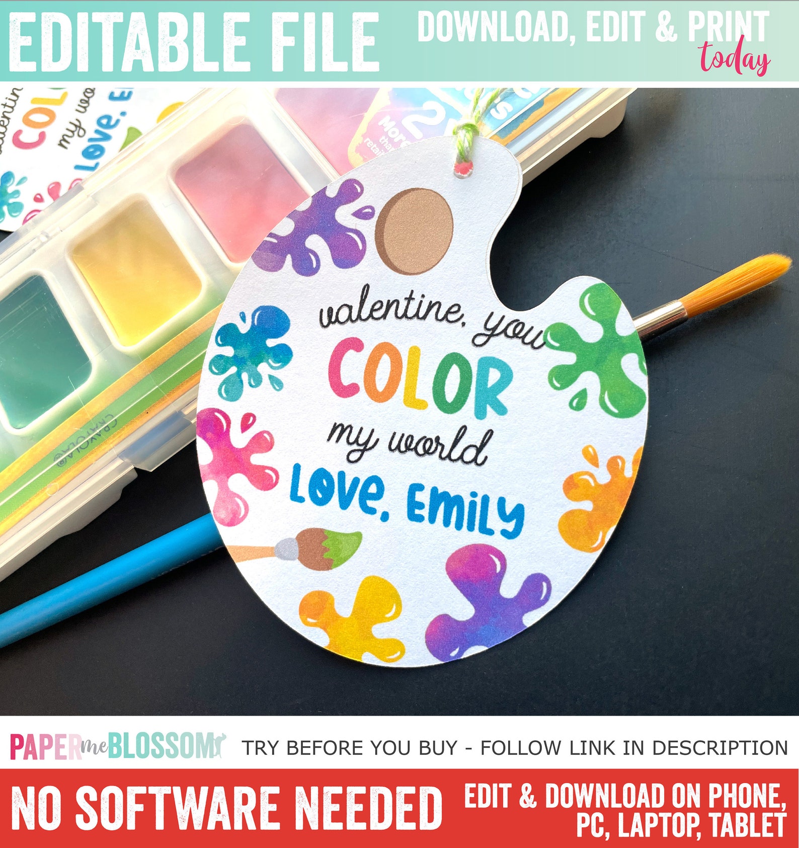 EDITABLE Valentines, You Color My World Valentines Day Kids Gift Tag ...