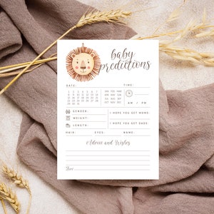 Op de afbeelding: Een printbare baby-voorspellingskaart met een leeuwenillustratie. De kaart bevat secties voor datum, tijd, geslacht, gewicht, lengte, haar, ogen en advies en wensen.