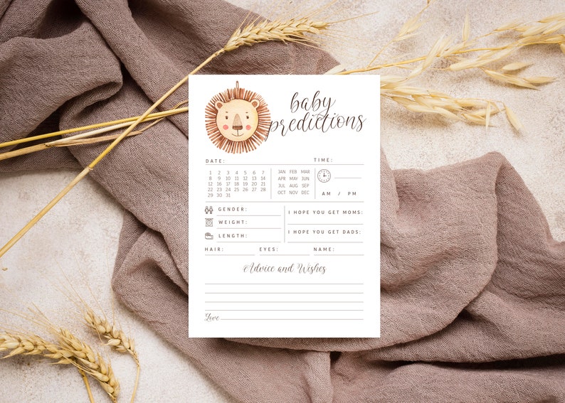 Op de afbeelding: Een printbare baby-voorspellingskaart met een leeuwenillustratie. De kaart bevat secties voor datum, tijd, geslacht, gewicht, lengte, haar, ogen en advies en wensen.