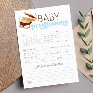 Jeu de baby shower modifiable S'more to Love Boy - Carte de prédictions et de souhaits de bébé S'more en camping amusant au camping PDF 5 x 7 PDF