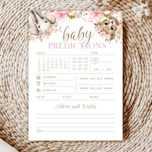Cartes de souhaits modifiables pour baby shower animal safari aquarelle florale - carte baby shower prédictions safari sauvage bébé fille PDF 5 x 7
