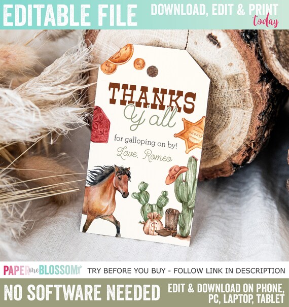 \'Wild and Prickly\' Rancher NEW without tag Cowboy Birthday Thank You Tag Editable Cowboy Yee Haw Gift  main image 2