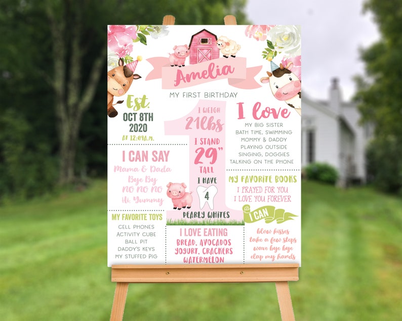 May include: A personalised first birthday milestone sign featuring a pink barn, farm animals, and floral accents. The text includes the name Amelia, birth date 8 Oct 2020, weight 9.5kg, height 74cm, 4 teeth, favourite toys, foods, and activities.