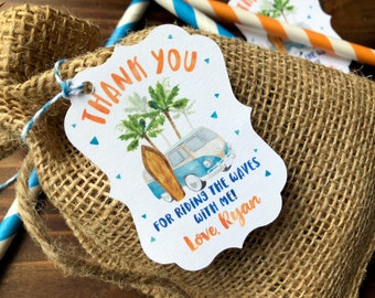 12 Boy Surfing Birthday Favor thank you tags - Thank You for riding the waves with me - Custom Wording Surf Favor Tags