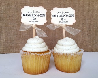 12 Customizable Mr. and Mrs. Wedding Cupcake Toppers