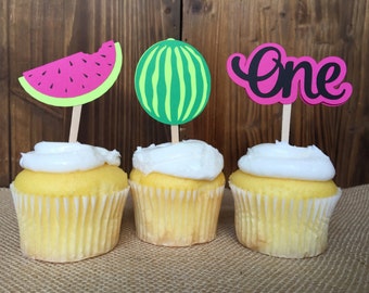 12 Summer Watermelon Tropical Birthday Cupcake Toppers - One in a melon Birthday Party - First Birthday