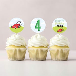 EDITABLE Mow-sy on Over Lawn Mower Boy Birthday Cupcake Toppers - Boy Outdoor Gardening Tool Toppers - Rev your Engines Food Picks - 2x2