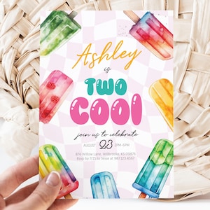 Editable Two Cool Popsicle Birthday Invitation - Summer Pool Party Invitation - Ice Cream Girl Second Birthday Summer Party PDF 5x7