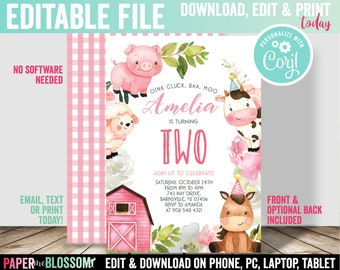 Editable Farm Floral Farm Animal Barnyard Birthday Party Invitation - Girl Pink Barn Farm Invitation - Customize Floral Farm Invitation