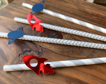 12 Astronaut Outer Space Rocket Paper Straws - Silver Paper straws - Astronaut red foil rocket straws - Navy blue planet paper straws