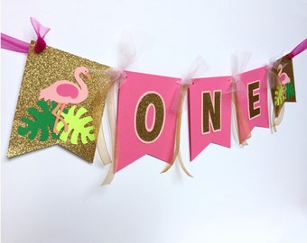 CUSTOM Flamingo Summer Tropical Birthday Banner - Let's Flamingle - Summer Birthday Party - High Chair Banner - Custom Wording on Banner