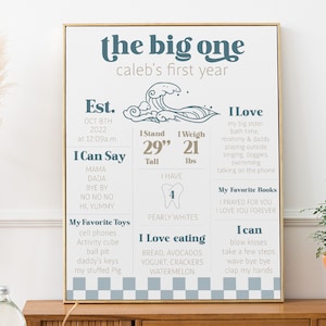 Puede incluir: Un cartel enmarcado con el texto "the big one" y "caleb's first year". Incluye detalles como la fecha, la altura (74 cm) y el peso (9,5 kg). El cartel enumera los juguetes, alimentos favoritos y cosas que al niño le encantan y puede hacer.