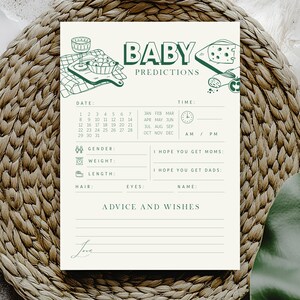 Cartes de souhaits modifiables pour baby shower de pique-nique cultivés localement - Carte de voeux de baby shower de prédictions de pique-nique avec dessin au trait vert PDF 5 x 7