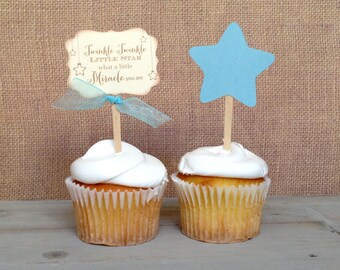 TWINKLE TWINKLE little star Vintage blue Baby Boy thank Cupcake topper