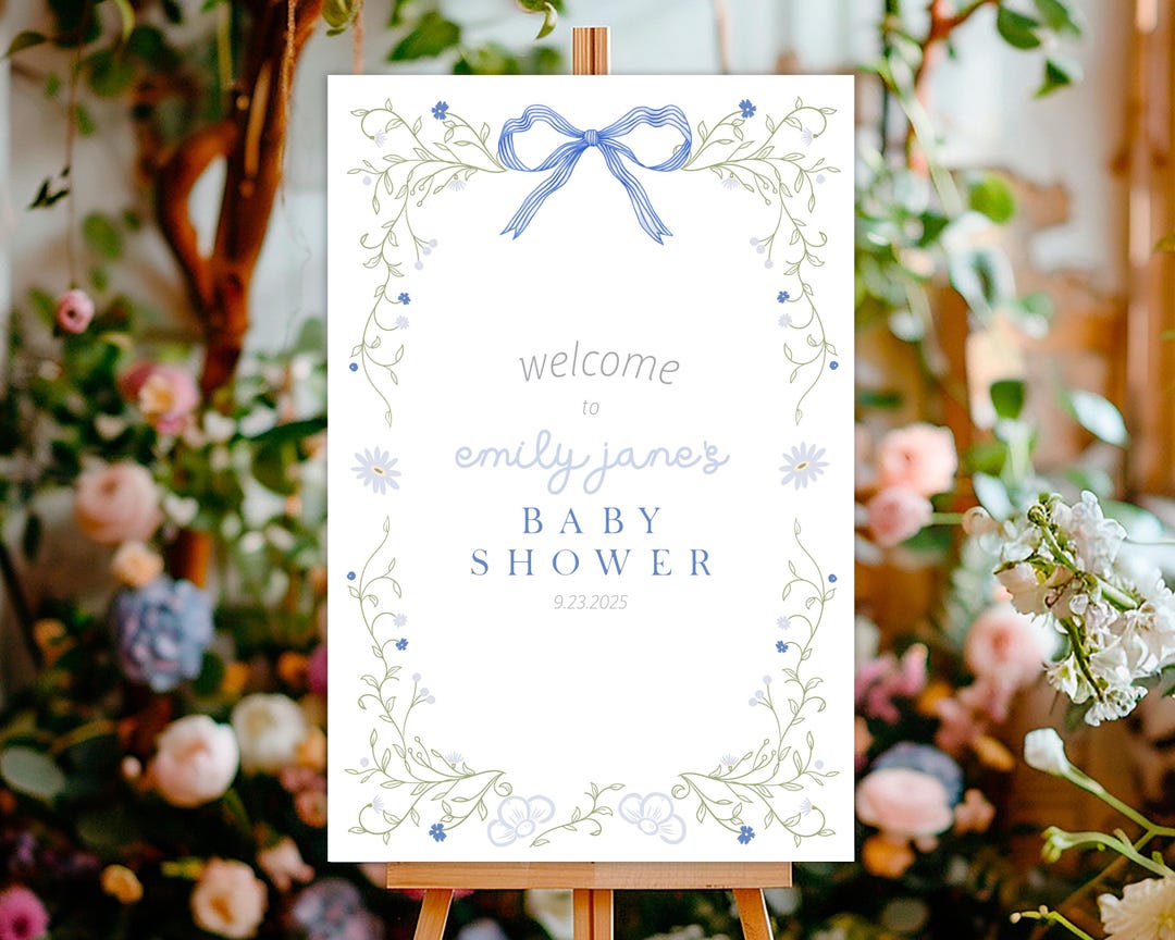 EDITABLE Blue Bow Boy Baby Shower Welcome Poster - Striped Blue Bow ...