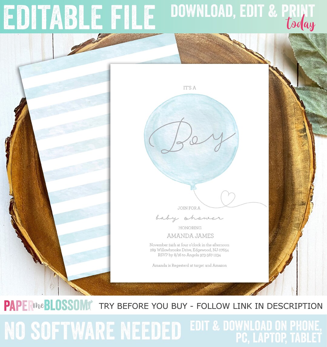 Editable Balloon It's a Boy Baby Shower Invitation - Watercolor Blue ...
