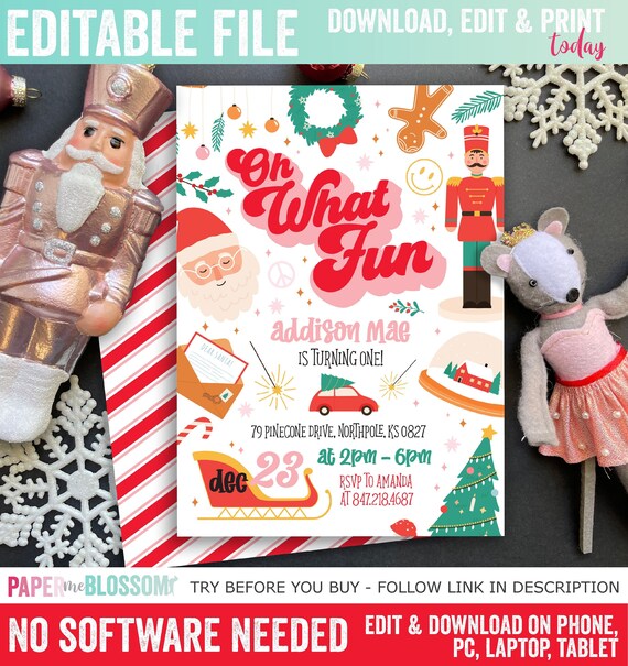 Oh What Fun It Is To Be One Christmas Birthday Invitation -  Christmas First Birthday - Retro Christmas Invite - Customizable PDF DIY File