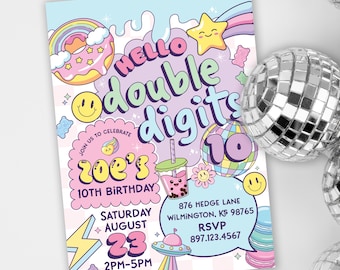 Editable Double Digits 10th birthday Girl Birthday Invitation - Preppy Retro Hello Double Digits Birthday Invitation - 5x7 PDF