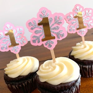 12 Winter Onederland Pink Snowflake Gold/Silver Glitter Birthday Cupcake Topper - Little Snowflake Pink First Birthday Toppers - Any Age