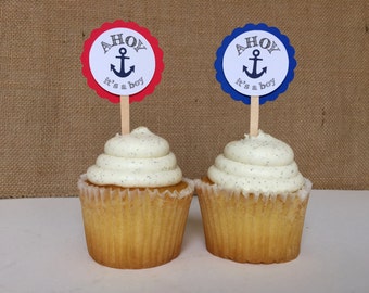 12 Ahoy its a boy baby shower Cupcake Toppers (can be changed to birthday)