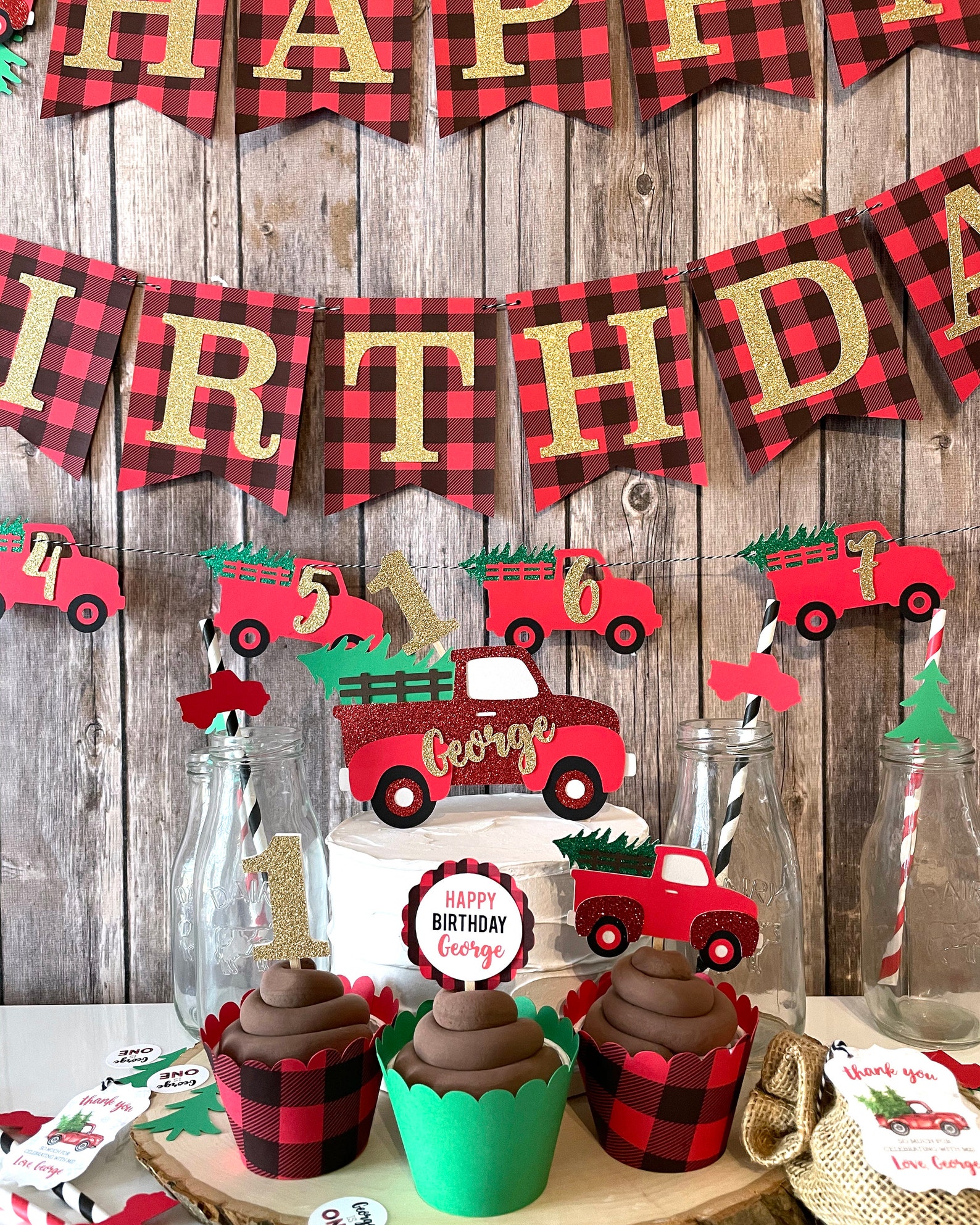 12 Red Farm Truck Christmas Tree Birthday Party Cupcake Toppers